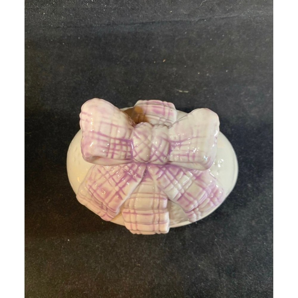 Ceramic Easter Egg with Purple Bow Lidded Candy Dish in Excellent Condition!
